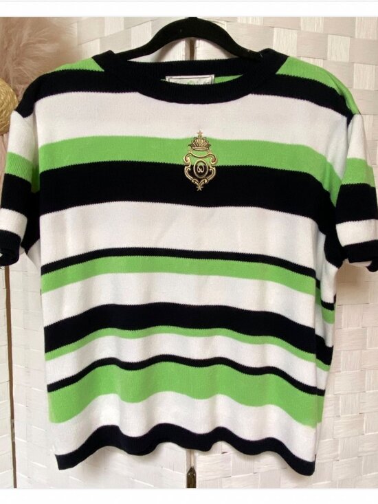 St. John Tops - St John Sport Green Black White Gold Logo Sweater Top Short Sleeve Size M